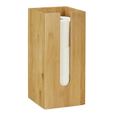 Image of Relaxdays Toilet Holder, Free standing, Narrow, Storage, Bathroom Cabinet, 3 Rolls, HxWxD 33x15x15 cm, Natural, Bamboo, Toilettenpapierbehälter Bambus