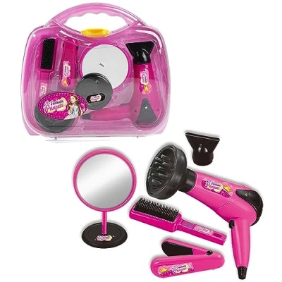 Image of Girls Hair &amp; Beauty Make Up Role Play Set Childrens Hairdressing Styling Kit In Carry Case Working Hairdryer