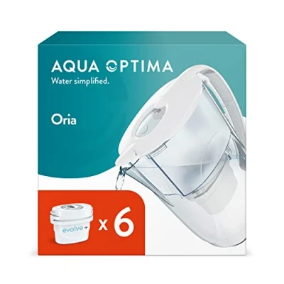 Image of Aqua Optima Oria Water Filter Jug &amp; 6 x 30 Day Evolve+ Cartridge, 2.8 Litre Capacity, for Reduction of Microplastics, Chlorine, Limescale and Impurities, White (Packaging may vary)