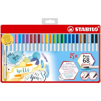 Image of Premium Fibre Tip Pen STABILO 68 brush Tin of 25 19 assorted colours Hanging version