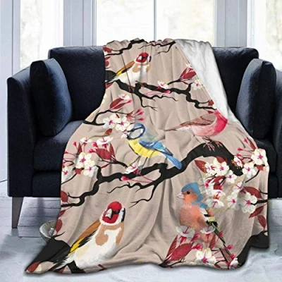 Image of JOOCAR Flannel Throw Blanket Cute Birds Cherry Flowers Cozy and Soft Plush Warm Blankets for Bed Couch Living Room Sofa Chair
