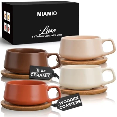 Image of MIAMIO 320 ml, Set of 4 Ceramic Tea Cup and Saucer Bamboo/Tea Mug Wide Cappuccino Cup, Coffee Cups for Cappuccino, Latte, Espresso &amp; Americano Luxe Collection (Beige Pastel)