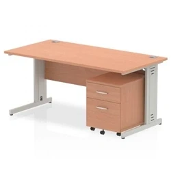 Image of Impulse 1600x800mm Desk Beech Top Silver Cable Managed Leg+ Mobile Ped