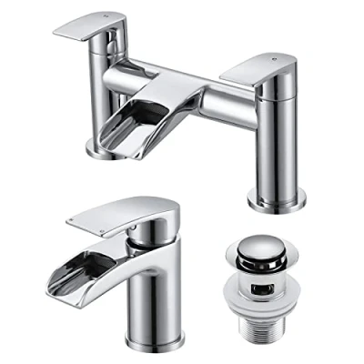Image of Peppermint Basin Taps with Waste and Waterfall Bath Mixer Filler Tub Tap, Monobloc Bathroom Sink Semi Open Chrome Set