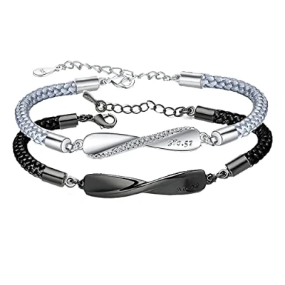 Image of Infinity Couple Bracelets Matching for Boyfriend Girlfriend Long Distance Relationship His and Her BraceletsValentine&#039;s Day Gifts Women Men Lovers 2pcs Black Silver