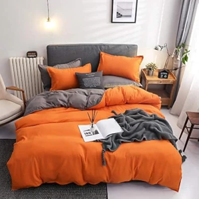 Image of Damier Bed Linen Orange 200 x cm Duvet Cover Set Grey Reversible Super Soft Microfibre Double with Zip and 2 Pillowcases 80