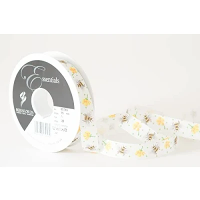 Image of Berisfords Taffeta Spring Patterned Ribbon ‘Busy Bee’ Multicolour on White 15mm Wide 25m Reel