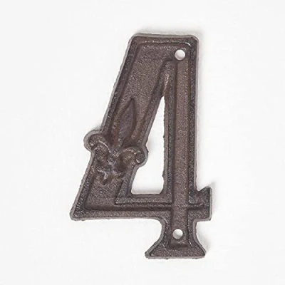 Image of HOMESCAPES Cast Iron Door Number 4 Decorative Antique Brown Finish House with Fleur De Lis Traditional Hand Design H 11.8 x W 8 cm