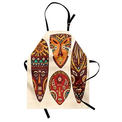 Image of ABAKUHAUS Tiki Bar Apron, Folk Art, Unisex Kitchen Bib Apron with Adjustable Neck for Cooking Baking Gardening, Multicolor