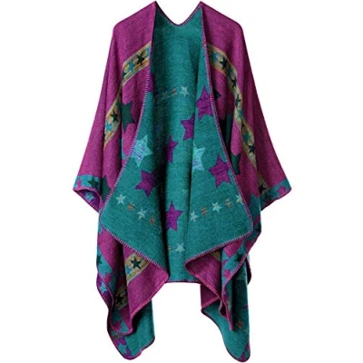 Image of Womens Reversible Oversized Blanket Poncho Cape Shawl Cardigans (One Size, Stars/Purple)