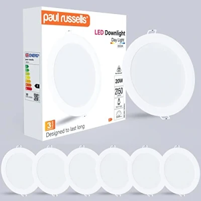 Image of paul russells LED Ceiling Downlights, 20W Slim Recessed Bathroom Kitchen Ceilings, 2150 Lumens, 6500K Bright Daylight, Cutout 170 180mm, Round Non Dimmable Panel Spotlights, 6 Packs