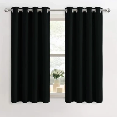 Image of Imperial Rooms Blackout Eyelet Curtains for Bedroom 46x54 Inch Drop Black Curtain Window Treatments Thermal Insulated Energy Saving Ring Top Short 2 Panel with Tiebacks