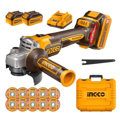 Image of INGCO 115mm Cordless Angle Grinder 20V Brushless Tools 9000RPM M14 with 2Pcs 4.0Ah Batteries, 1Pcs Fast Charger, 10Pcs Cutting Discs for Cutting, Polishing and Sharpening CAGLI211542