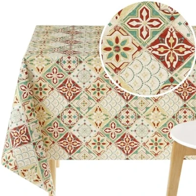 Image of KP HOME Waterproof PVC Tablecloth Rectangular Oil Cloth 118x55in 300x140cm Lisbon Tiles Table Wipeable Rectangle Oilcloth Plastic Garden Wipe Clean Cover in Moroccan Azulejo