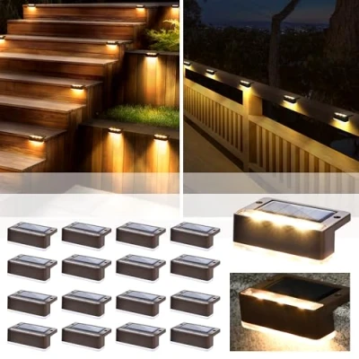 Image of Solpex Solar Step Lights 16 Pack, Outdoor for Fence,Waterproof Powered Deck Porch Stair Railings Yard Garden Patio Pool Decorations (Warm White,Brown)