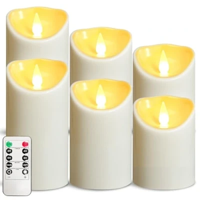 Image of OSHINE Plastic Flameless Battery Candles led Set of 6 Ivory D3&quot; H4&quot; 5&quot;6&quot;Powered Outdoor Candle with Remote Control and Timer Electric Fake Flickering for Decoration Party Christmas