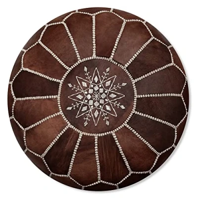 Image of Artisanal Leather Pouf Handmade Delivered stuffed Ottoman, footstool, floor cushion (Wood Brown)