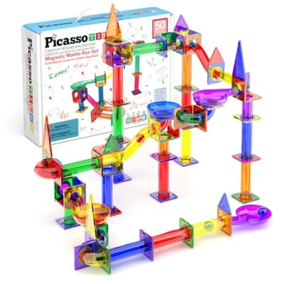 Image of PicassoTiles Marble Run 50 Piece Magnetic Tile Race Track Toy Play Set STEM Building &amp; Learning, Educational Magnet Construction, Child Brain Development Kit Boys Girls Age 3 8+ Years Old