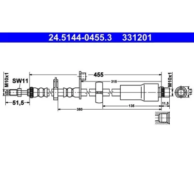 Image of 4806H0 Brake Hose ATE 24.5144 0455.3 455mm M10x1mm PEUGEOT: Expert II Van, Platform/Chassis, FIAT: Scudo CITROËN: Dispatch Van