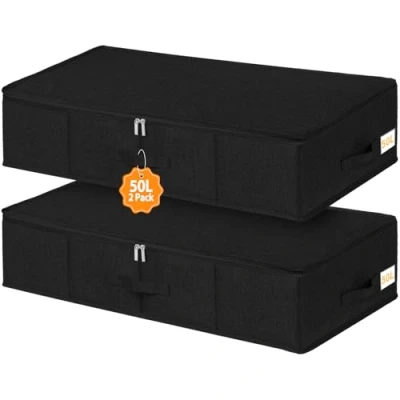 Image of Huquter Under Bed Storage Box with Lid 50L, 2 Pack Black Side &amp; Bottom Support 3 Handles, Foldable Fabric Underbed Boxes for Comforters Beddings Blankets, 76x38x17cm