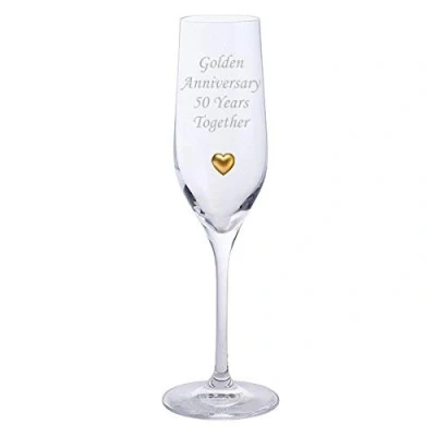 Image of Dartington 2 Golden Anniversary 50 Years Together Pair of Champagne Flutes Glasses with Heart Gem