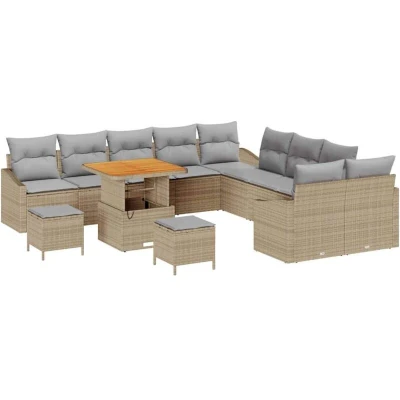 Image of vidaXL 13 Piece Garden Sofa Set with Cushions Beige Poly Rattan Acacia