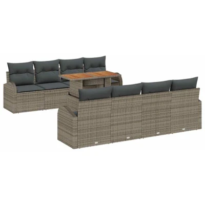 Image of vidaXL 9 Piece Garden Dining Set with Cushions Grey Poly Rattan Acacia