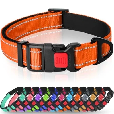 Image of Taglory Reflective Nylon Dog Collar with Safety Buckle, Adjustable Pet Collars Soft Neoprene Padding for Medium Dogs, Orange