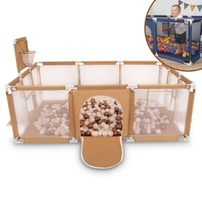Image of Selonis Baby Playpen Big Size Playground with 100 Balls for Kids, Beige:Pastel Beige/Copper/Pearl