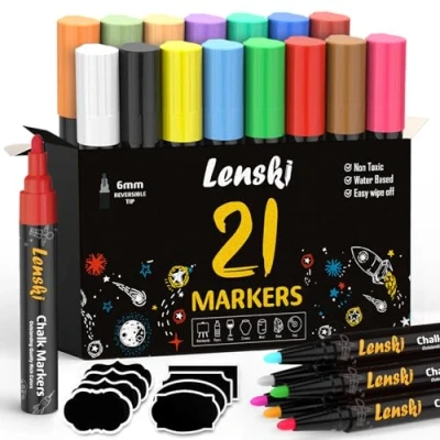 Image of Lenski 21 Chalk Pens for Blackboards 6mm Liquid Marker Best Gift Kids, Pen Glass Windows, Mirrors, Whiteboards, Signs (Reversible Bullet &amp; Chisel Tip)