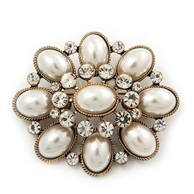 Image of Avalaya Vintage Faux Pearl Diamante Brooch in Antique Gold Metal 5.5cm Length