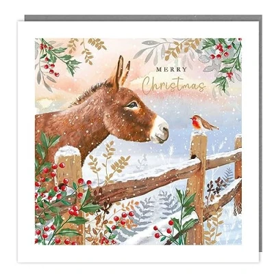 Image of Tracks Publishing Charity Christmas Cards Donkey and Robin at Snowy Farm Gate with Foil Finish Eco Friendly Pack of 5