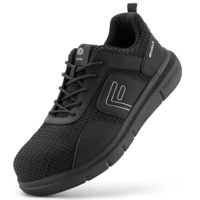 Image of FitVille Wide Fit Safety Trainers for Men Lightweight Composite Toe Work Shoes Non Slip Industrial Construction Warehouse Shoe Black
