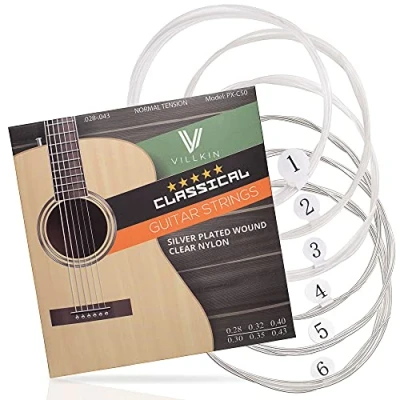 Image of guitar strings by Villkin premium nylon for classical, classical/acoustic + bonus 1er Pack (6 Saiten) transparent