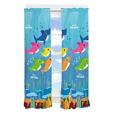 Image of Franco Kids Room Window Curtain Panels Drapes Set, 82 in x 63 in, Baby Shark