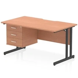 Image of Impulse 1400 x 800mm Scalloped Edge Straight Office Desk Beech Top Black Cantilever Leg Workstation 1 3 Drawer Fixed Pedestal