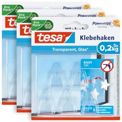 Image of tesa UK Adhesive Hooks for Glass Invisible Hanging Mirrors and Transparent Surfaces Holds up to 0.2 kg per Hook Pack of 15 incl. 24 Strips, Clear, 58900