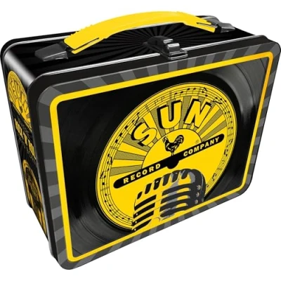 Image of AQUARIUS Sun Records Fun Box Sturdy Tin Storage with Plastic Handle &amp; Embossed Front Cover Officially Licensed Merchandise Collectible Gift