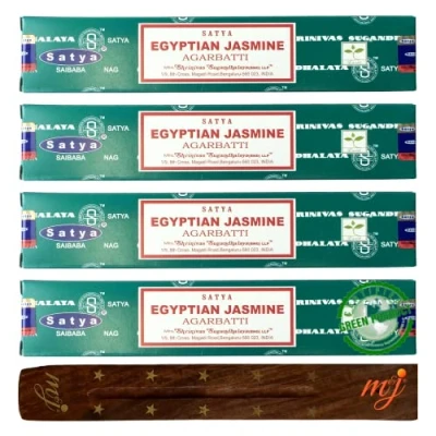 Image of Original Satya Nag Champa Egyptian Jasmine incense sticks with M&amp;J holder x4 pack for Aromatherapy, Spa, Yoga, Weddings, Meditation, Healing, Positivity and Relaxation
