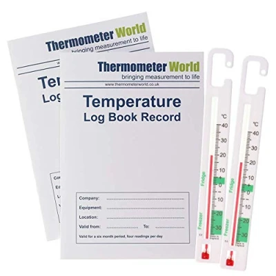Image of Pack of 2 X Temperature Log Books 6 Months Records and Fridge Freezer Thermometers to Monitor Temperatures Food Safety Hygiene