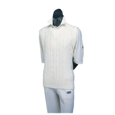 Image of Gunn &amp; Moore GM Cricket Sweater Pullover Classic Heavy Cable Knit Long Sleeve Cream with Navy Blue Sky Trimmed Collar Medium to fit chest 38 40&quot;