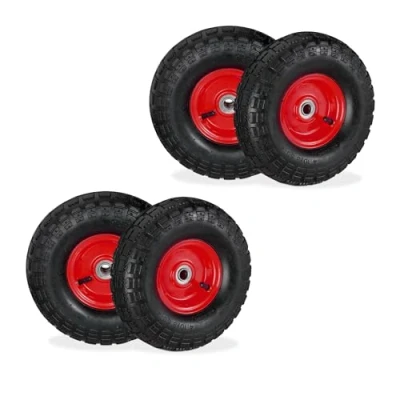 Image of Wheelbarrow Tyres, Set of 4, 4.10/3.50 Pneumatic Tyre, 16 mm Axle, 136 kg, Steel Rim, 260x85 mm, Black/Red Relaxdays