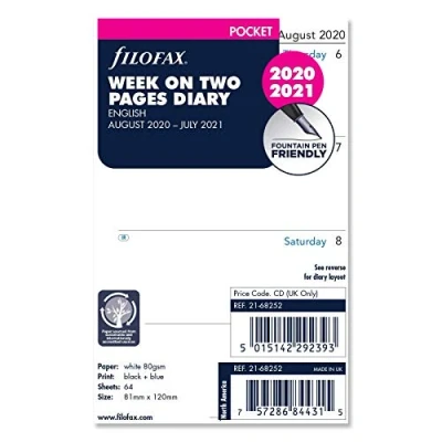 Image of Filofax Pocket Week on Two Pages English mid Year Diary August 20 July 21