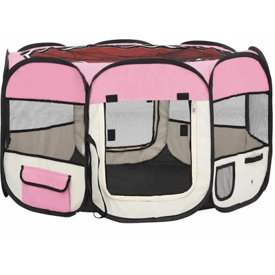 Image of &#039;vidaXL Foldable Dog Playpen Convenient Pet Training and Play Area Lightweight Portable with Carrying Bag Durable Polyester Steel Frame Pink Cream Colour