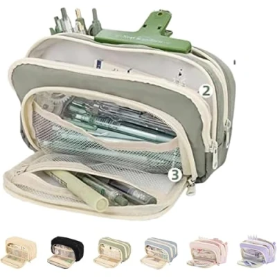 Image of Big Capacity Pencil Case, 3 Compartments Large Pouch, Simple Holder Pouch Organizer Pen Cases, Bag Box (Green)