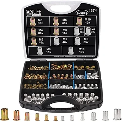 Image of CCLIFE 500 Piece Rivet Nuts Assortment M3 M4 M5 M6 M8 M10 Flat Head Threaded Aluminium &amp; Galvanised Steel