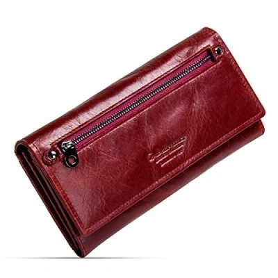 Image of Contacts Womens Genuine Leather Wallet,Credit Card Organizar Clutch with ID Window,Long Purse Multiple Slots and Roomy Compartment