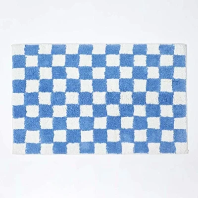 Image of HOMESCAPES Super Absorbent Soft 100% Cotton ‘Brighton’ Blue and White Bathmat with Checkerboard Geometric Pattern Non Slip Latex Backing, 50 x 80 cm Large Shower Mat Machine Washable