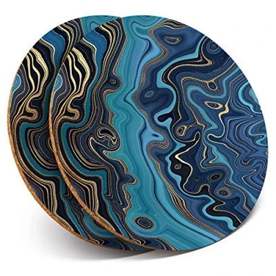 Image of 2 x Round Coasters Blue Marble Ink Art Gold Deco Cork Backed Home Kitchen Accessory Tea Coffee Mug Mat #21519