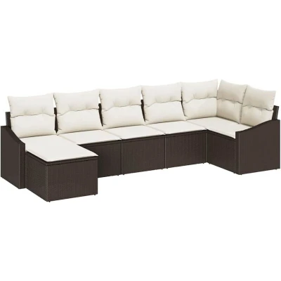 Image of vidaXL 7 Piece Garden Dining Set with Cushions Brown Poly Rattan